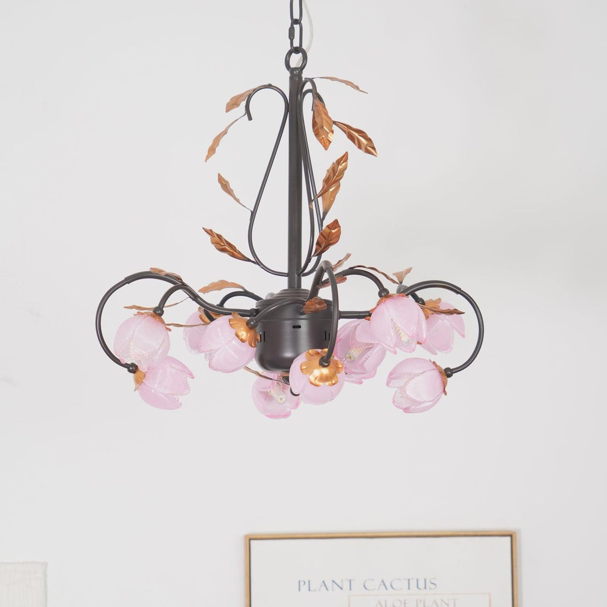 Pink Tulip Chandelier - Floral Blown Glass Petals & Brass Light