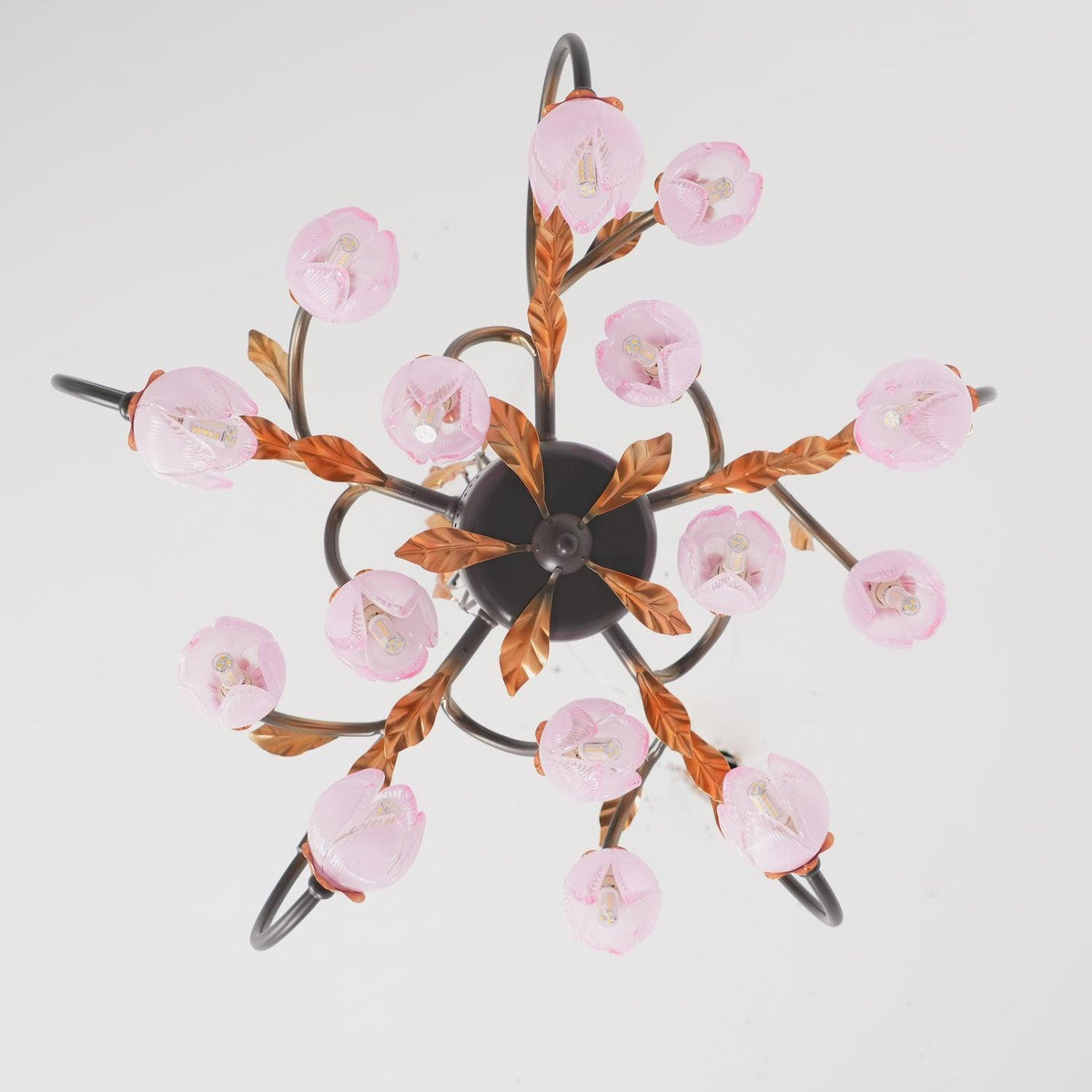 Pink Tulip Chandelier - Floral Blown Glass Petals & Brass Light