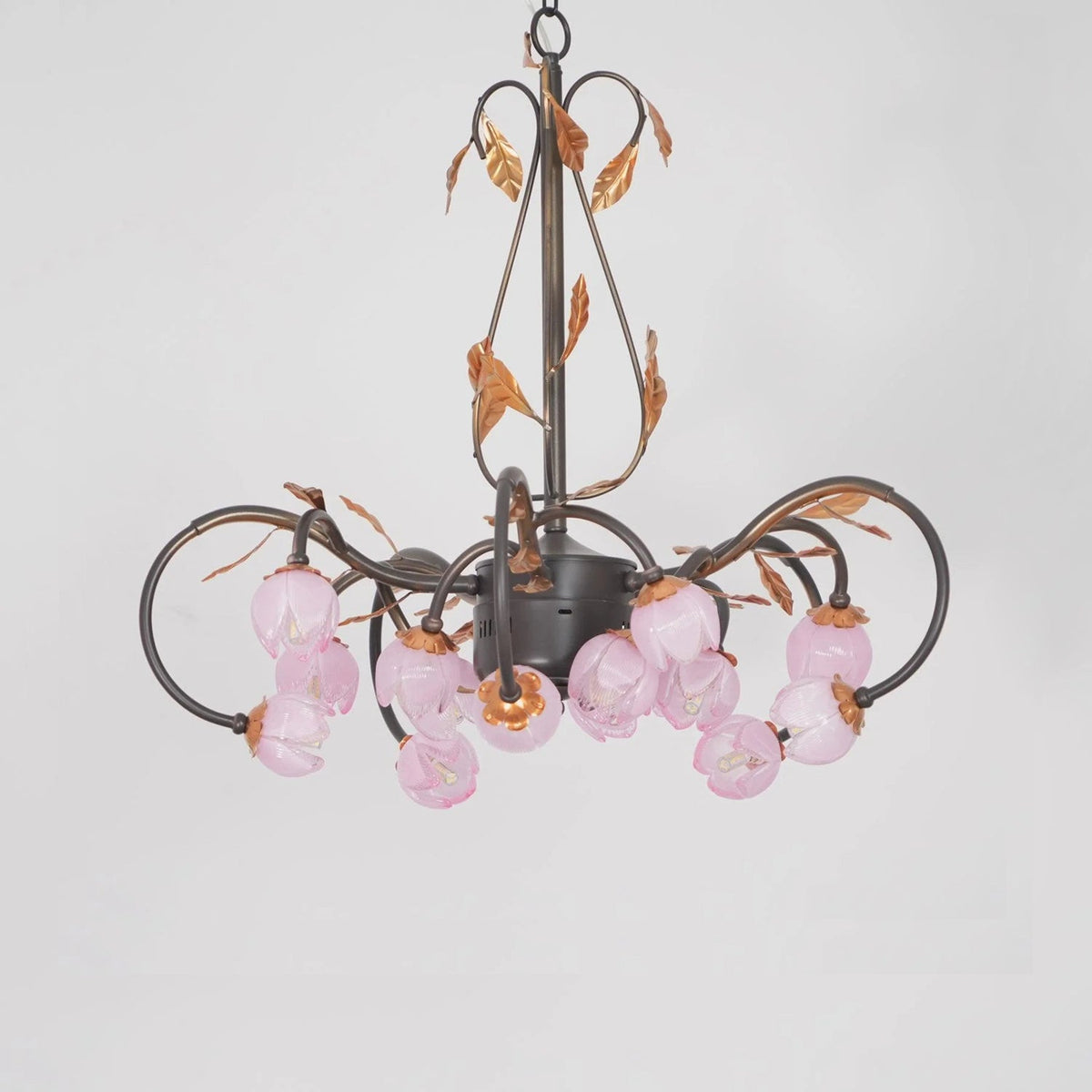 Pink Tulip Chandelier - Floral Blown Glass Petals & Brass Light