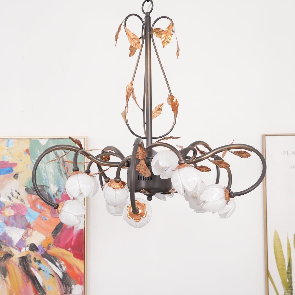 Pink Tulip Chandelier - Floral Blown Glass Petals & Brass Light