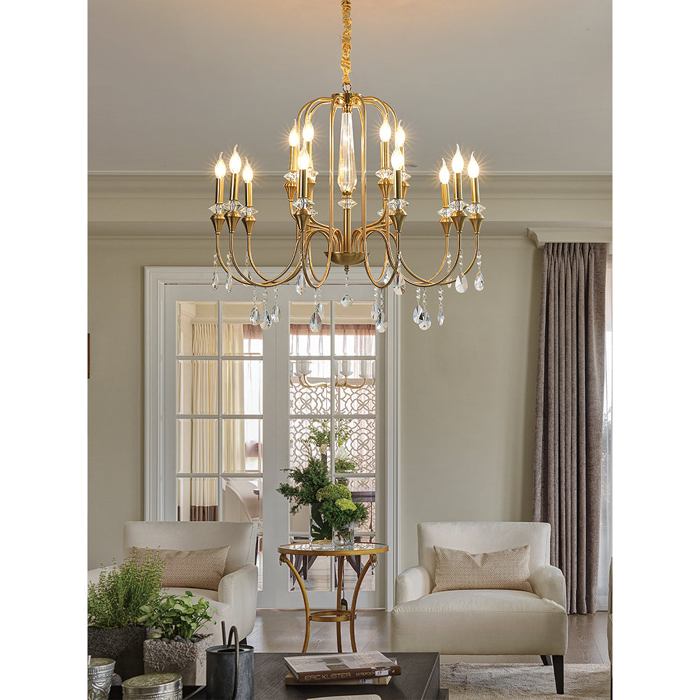 Piper Chandelier - Faceted Crystal Curtain & Brass Candelabra Light