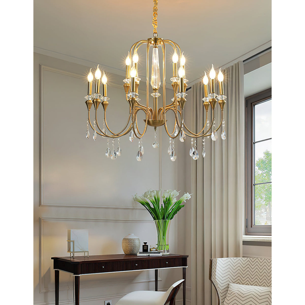 Piper Chandelier - Faceted Crystal Curtain & Brass Candelabra Light
