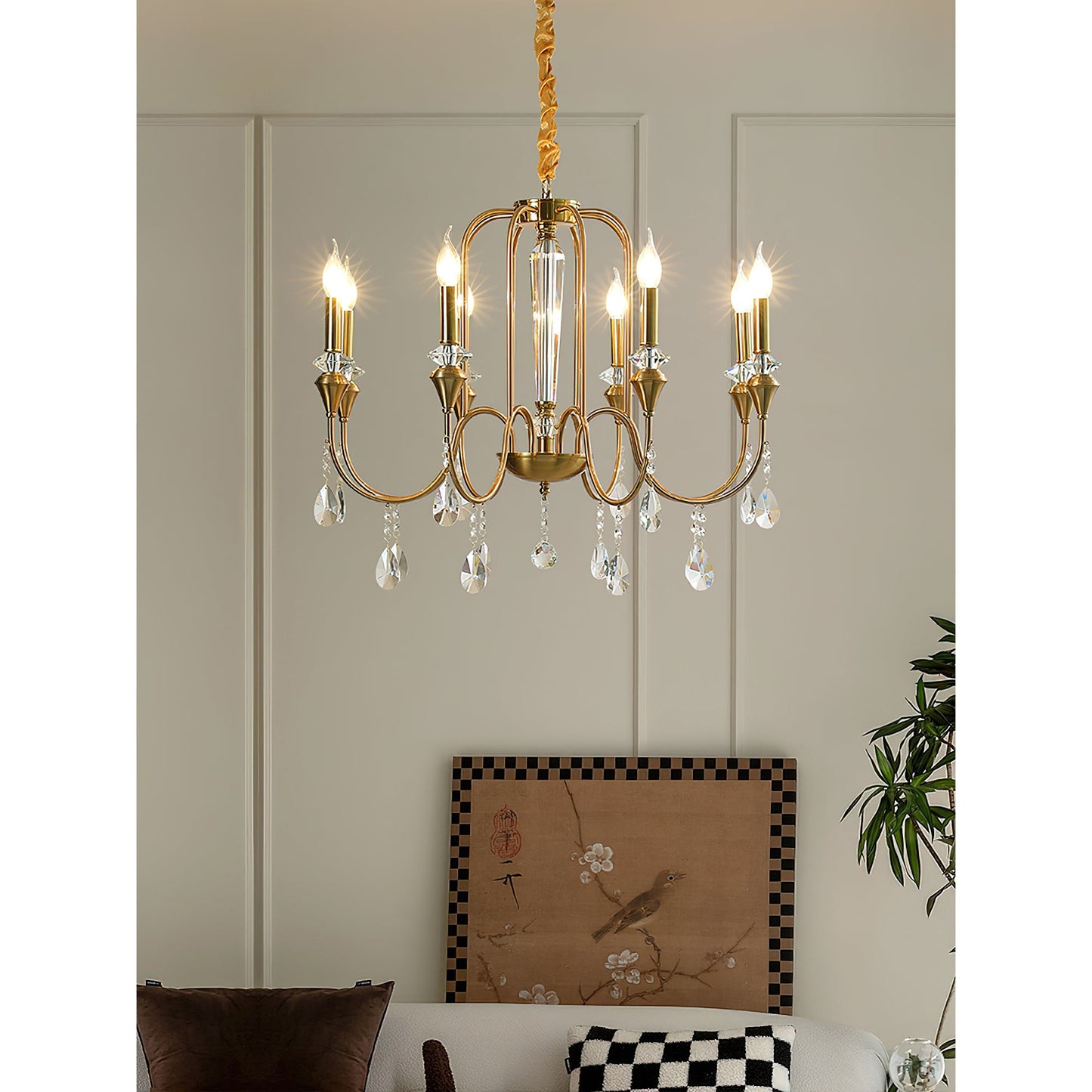 Piper Chandelier - Faceted Crystal Curtain & Brass Candelabra Light