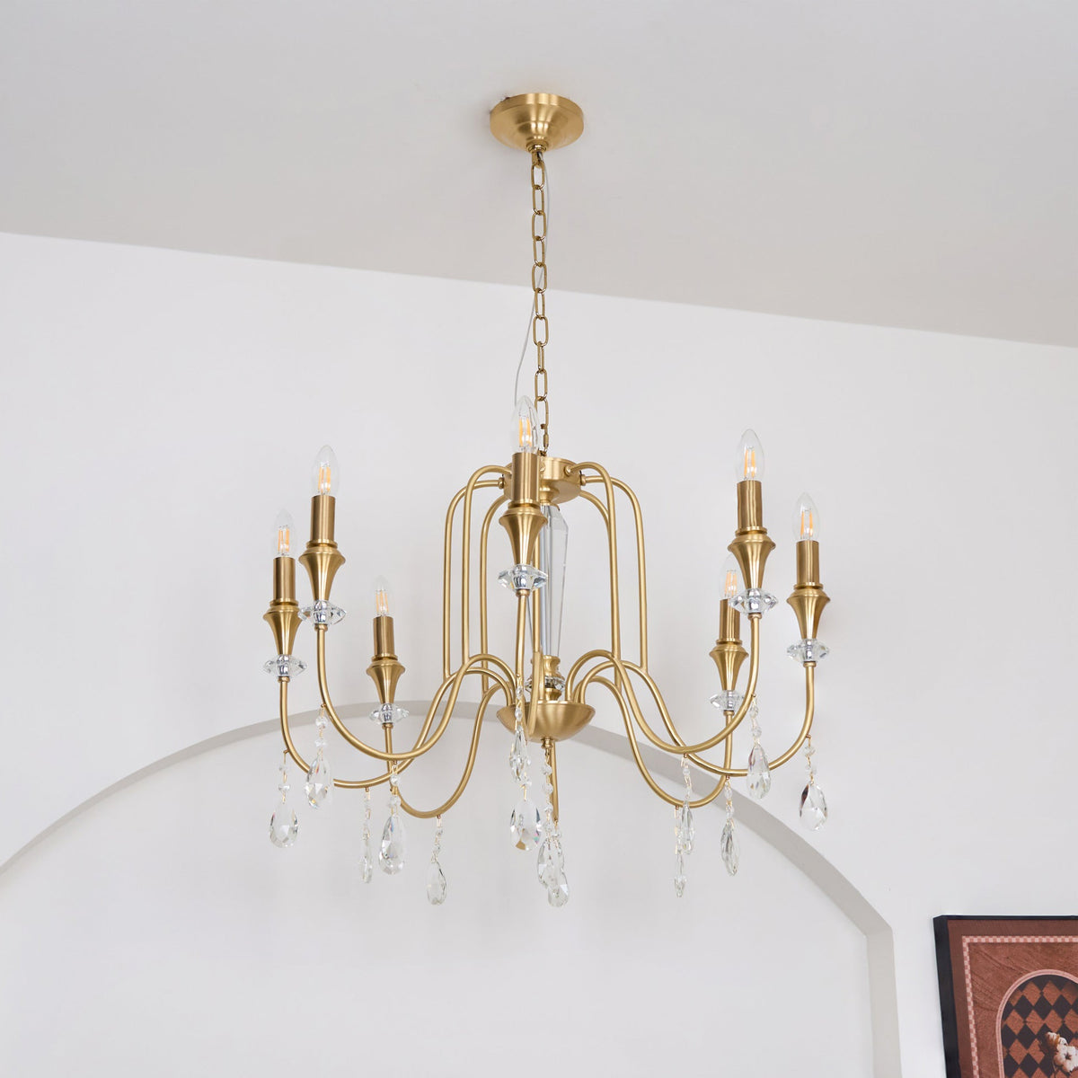 Piper Chandelier - Faceted Crystal Curtain & Brass Candelabra Light
