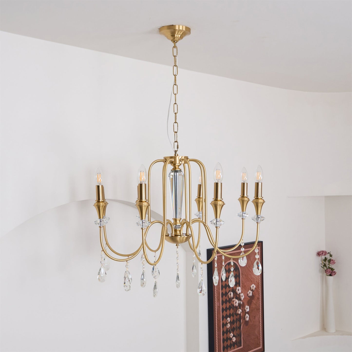 Piper Chandelier - Faceted Crystal Curtain & Brass Candelabra Light