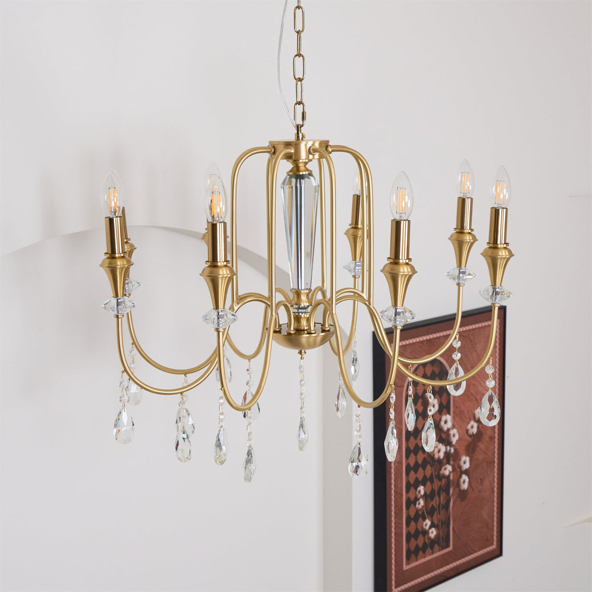 Piper Chandelier - Faceted Crystal Curtain & Brass Candelabra Light