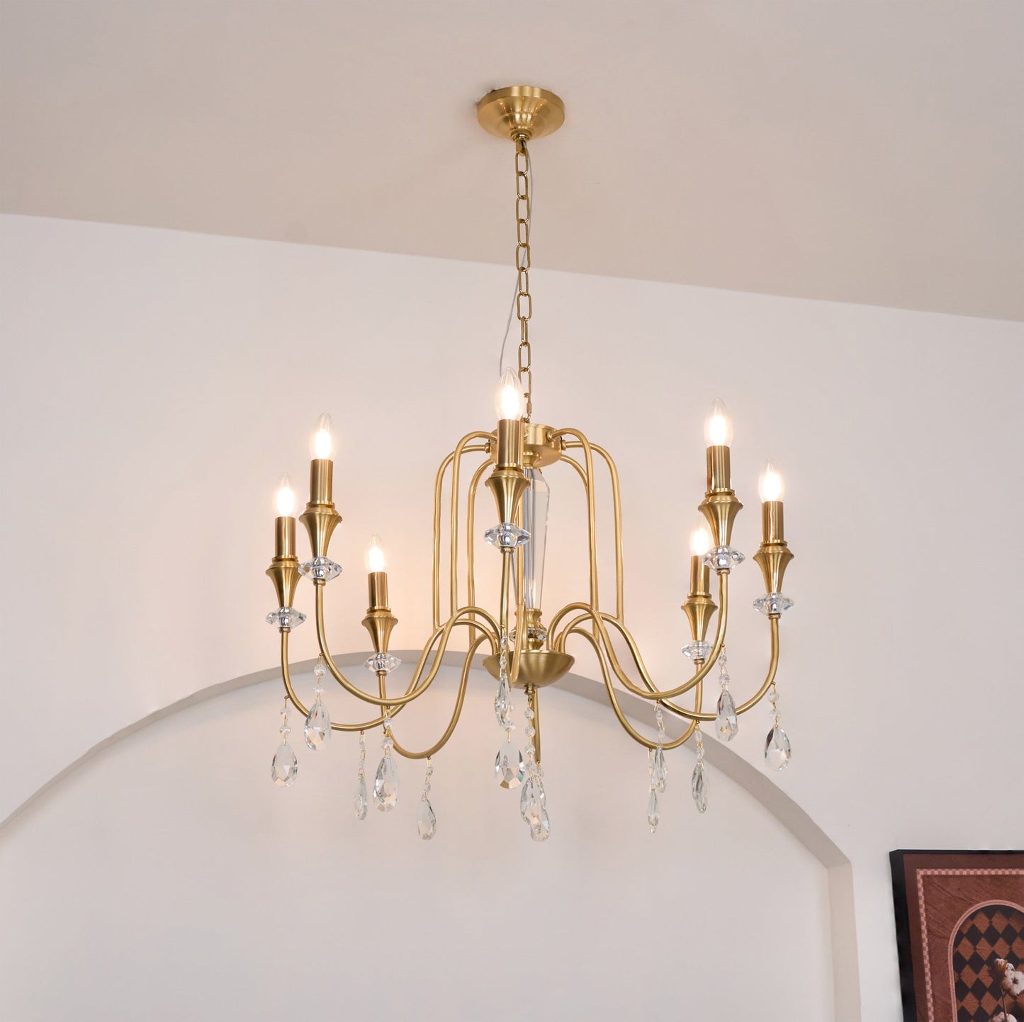 Piper Chandelier - Faceted Crystal Curtain & Brass Candelabra Light