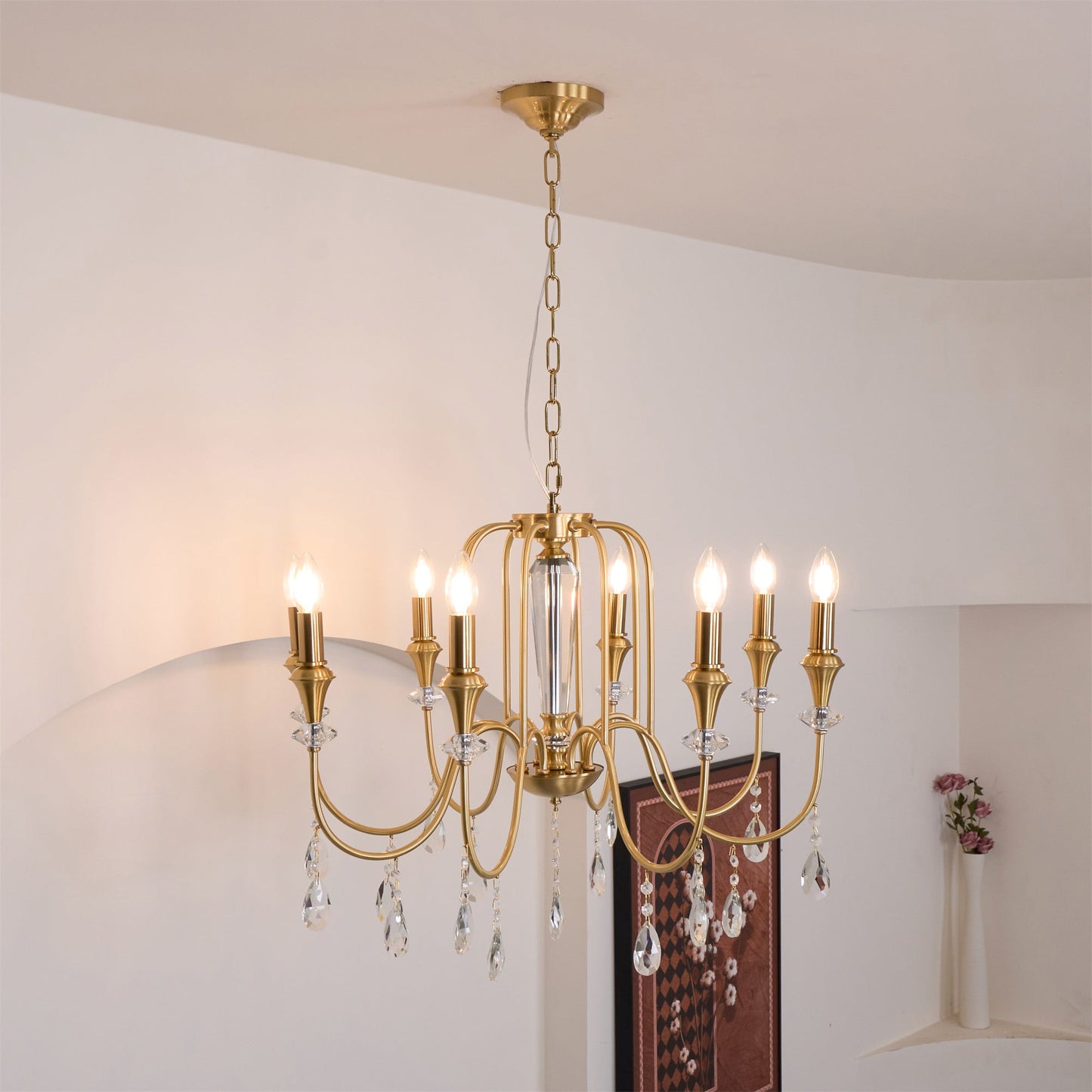 Piper Chandelier - Faceted Crystal Curtain & Brass Candelabra Light