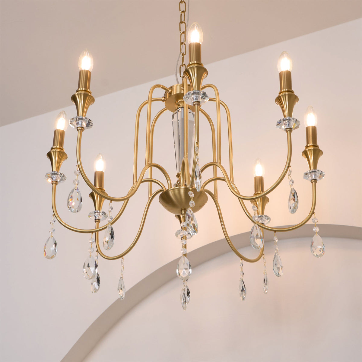 Piper Chandelier - Faceted Crystal Curtain & Brass Candelabra Light