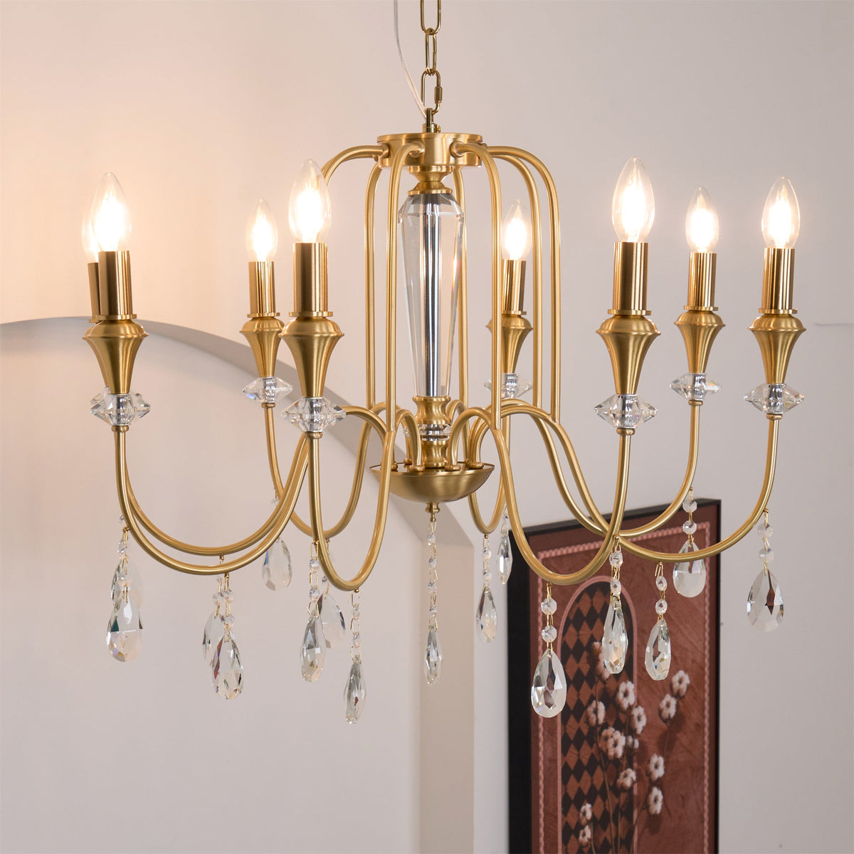 Piper Chandelier - Faceted Crystal Curtain & Brass Candelabra Light
