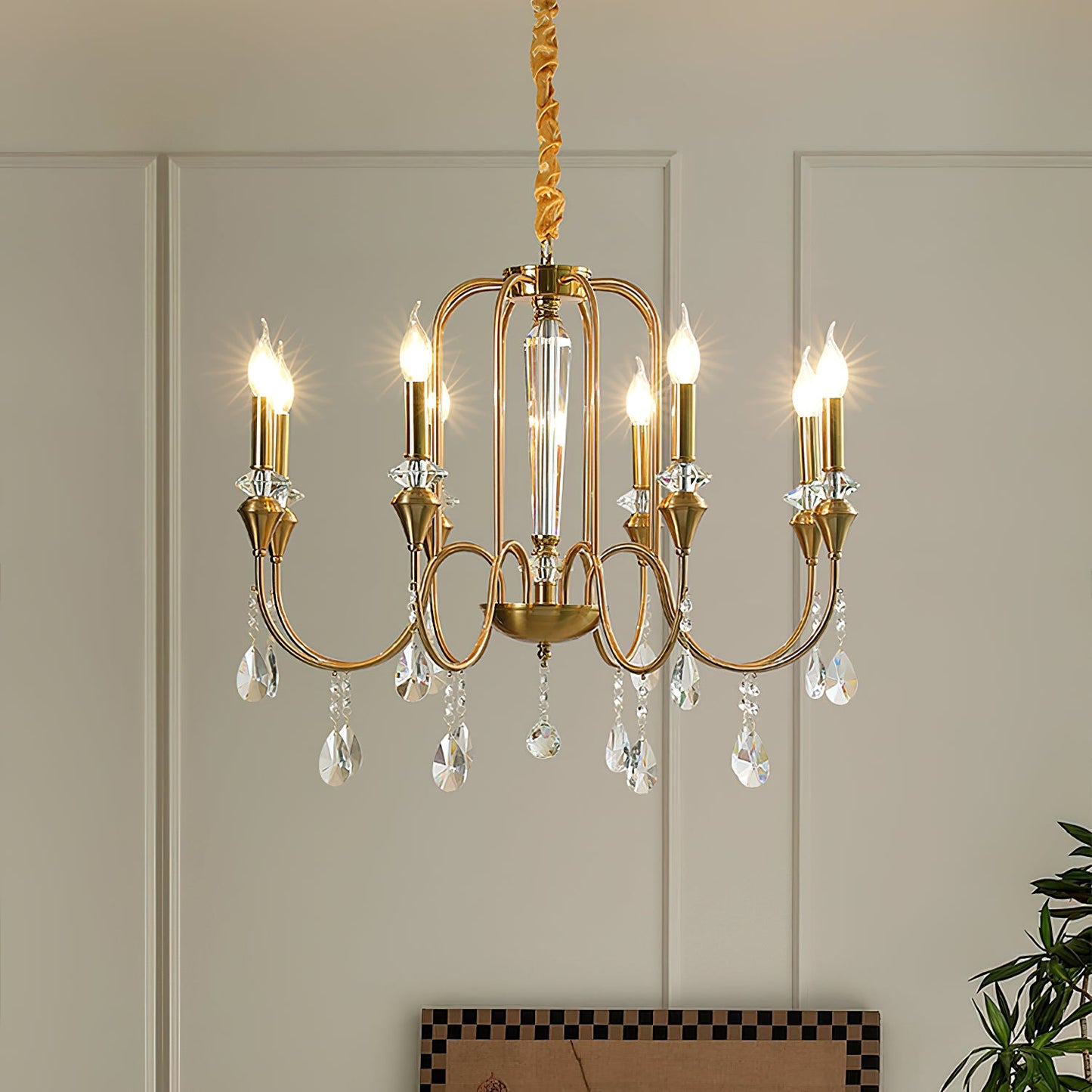 Piper Chandelier - Faceted Crystal Curtain & Brass Candelabra Light