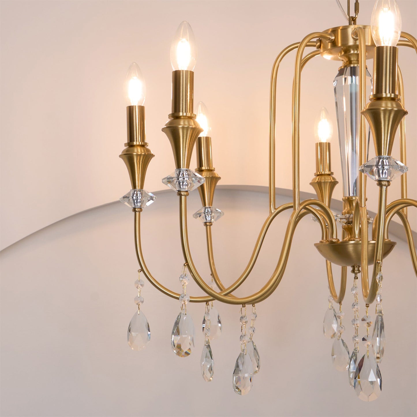 Piper Chandelier - Faceted Crystal Curtain & Brass Candelabra Light