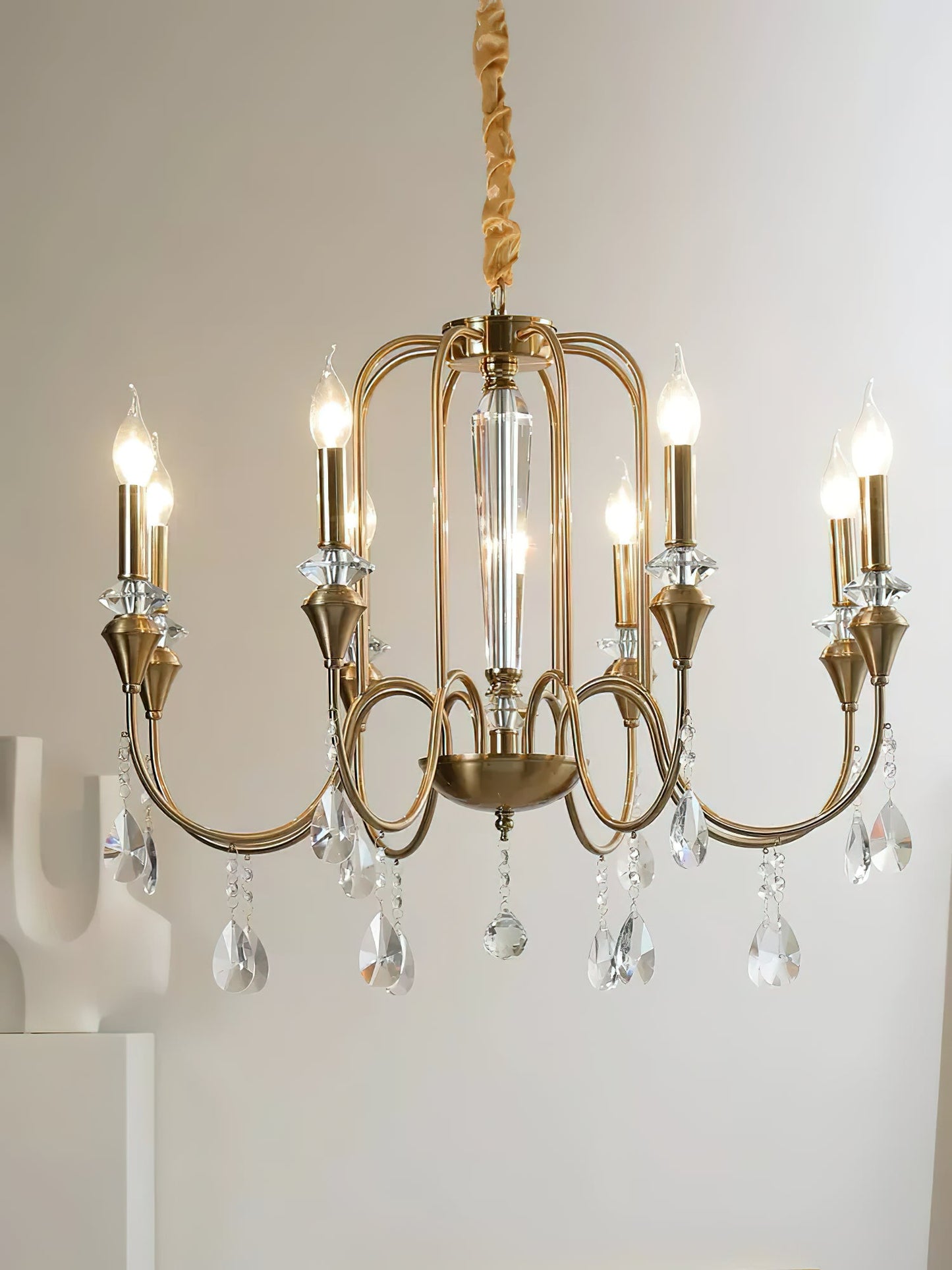 Piper Chandelier - Faceted Crystal Curtain & Brass Candelabra Light
