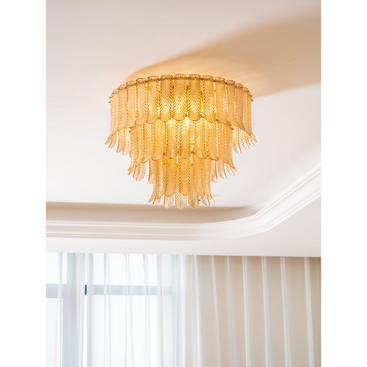 Plume Glass Ceiling Light - Sculpted Amber Glass Feather Chandelier