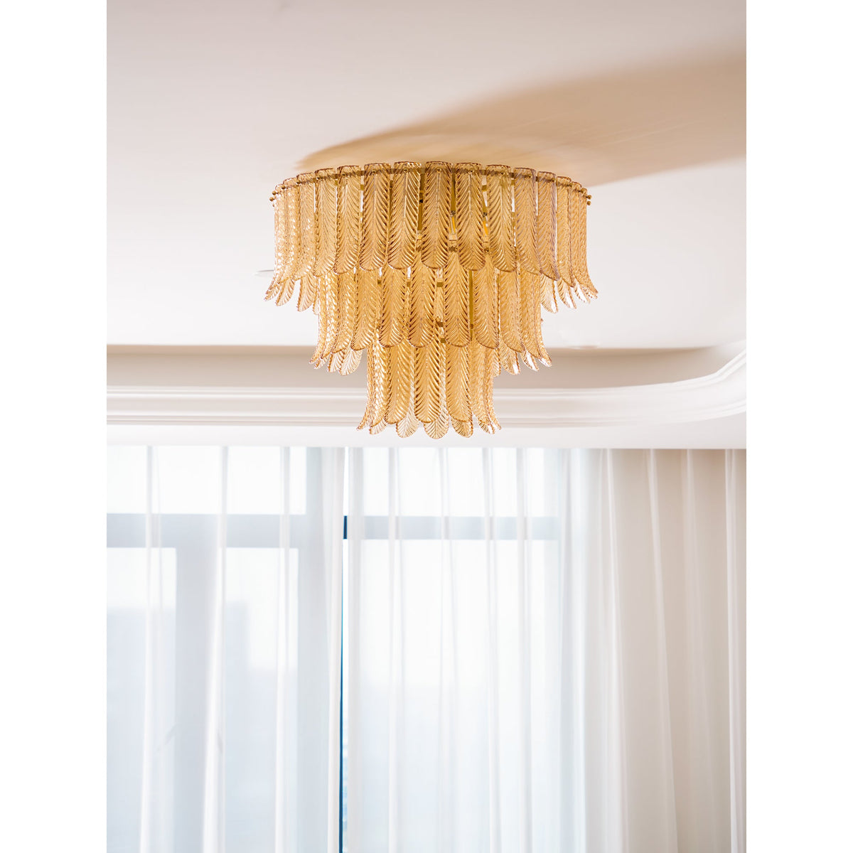 Plume Glass Ceiling Light - Sculpted Amber Glass Feather Chandelier