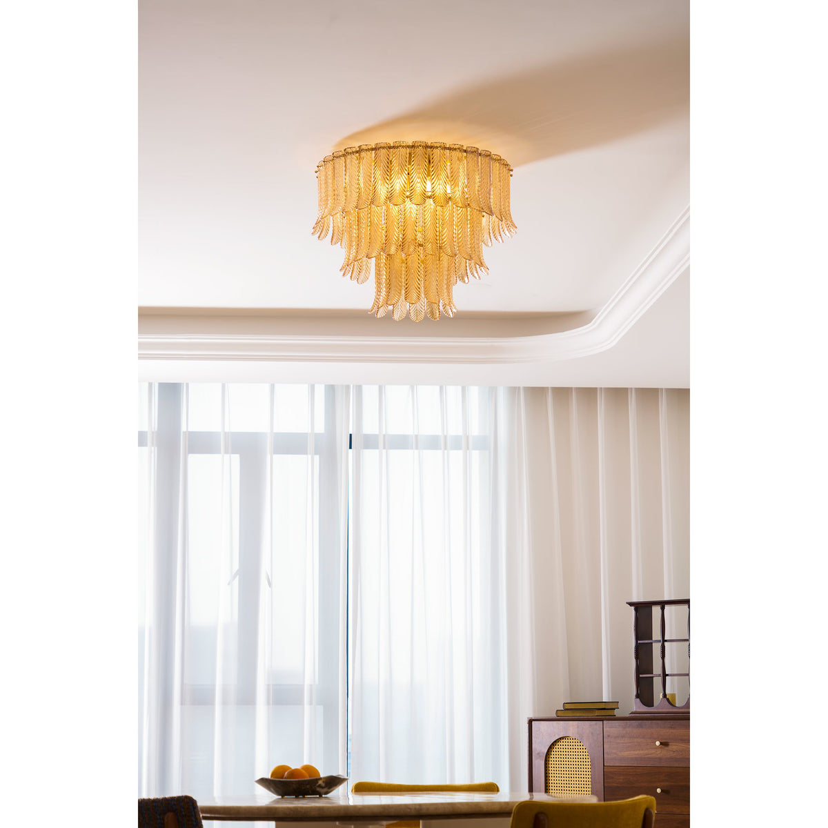 Plume Glass Ceiling Light - Sculpted Amber Glass Feather Chandelier