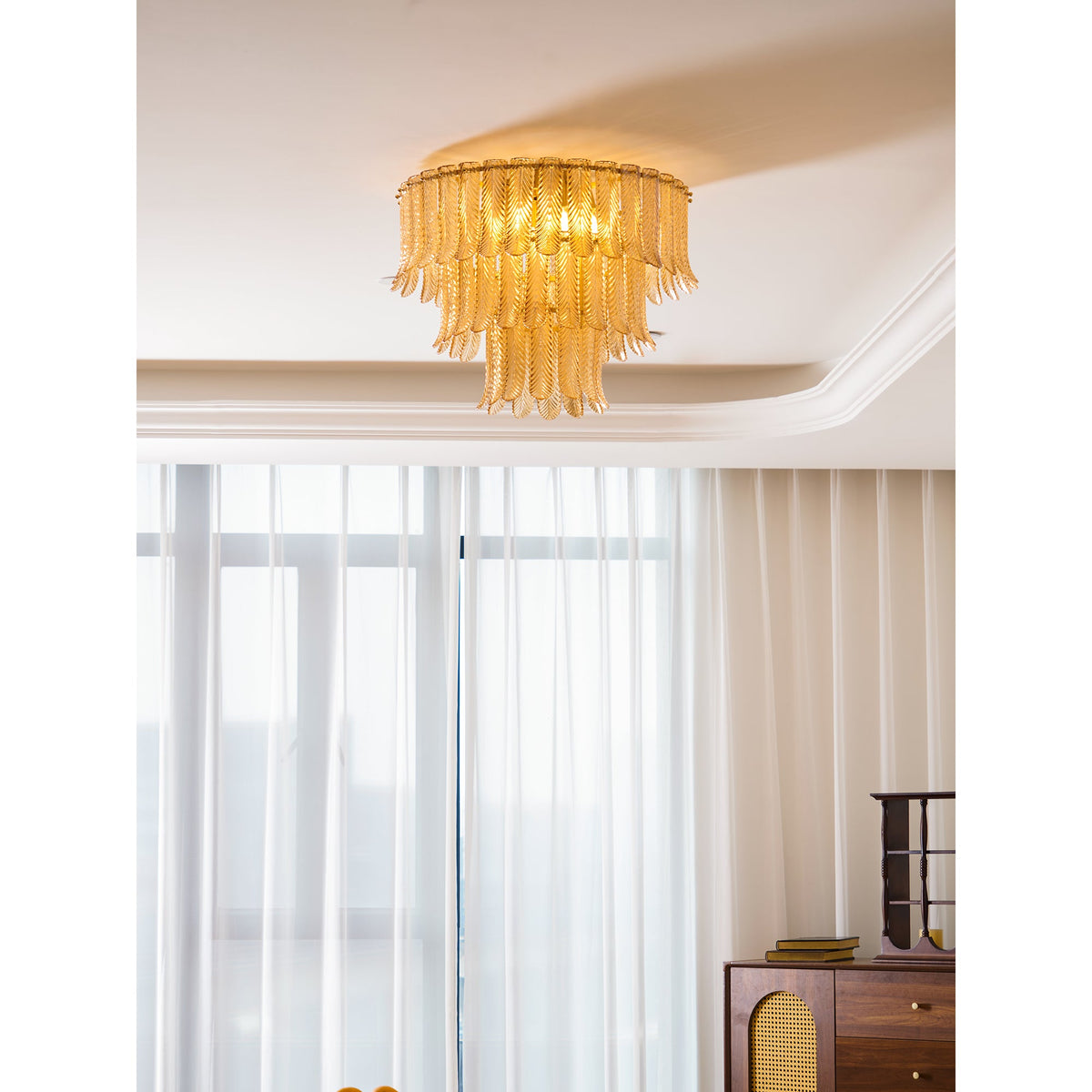 Plume Glass Ceiling Light - Sculpted Amber Glass Feather Chandelier