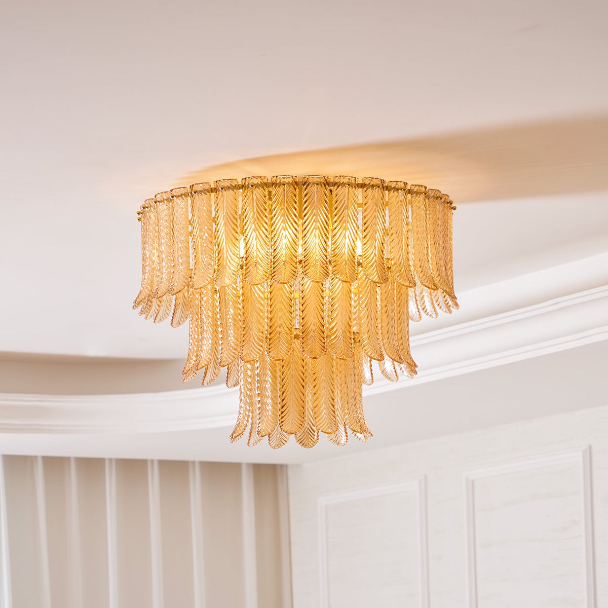 Plume Glass Ceiling Light - Sculpted Amber Glass Feather Chandelier