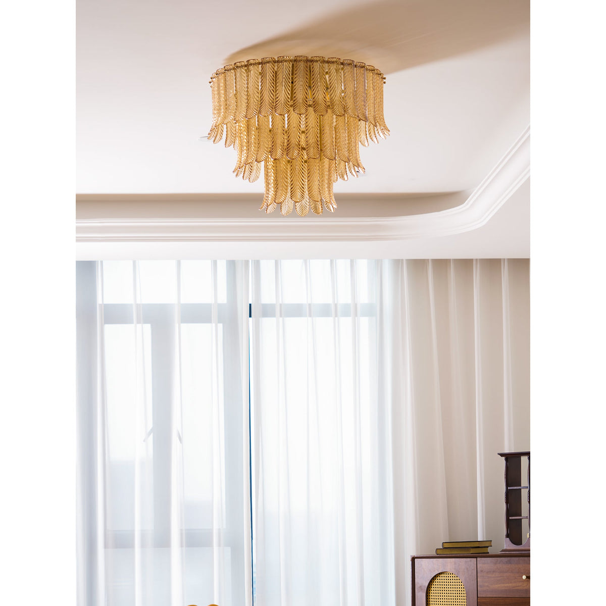 Plume Glass Ceiling Light - Sculpted Amber Glass Feather Chandelier