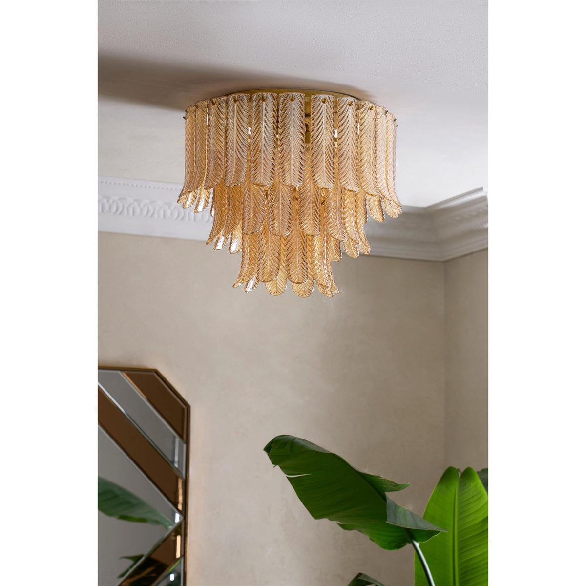 Plume Glass Ceiling Light - Sculpted Amber Glass Feather Chandelier