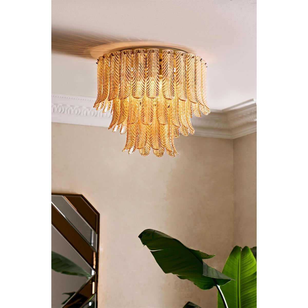 Plume Glass Ceiling Light - Sculpted Amber Glass Feather Chandelier
