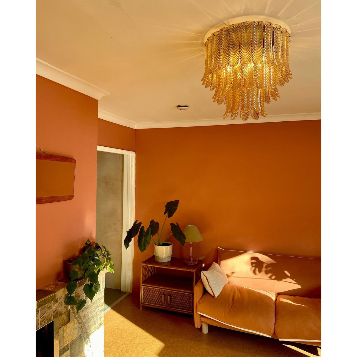 Plume Glass Ceiling Light - Sculpted Amber Glass Feather Chandelier