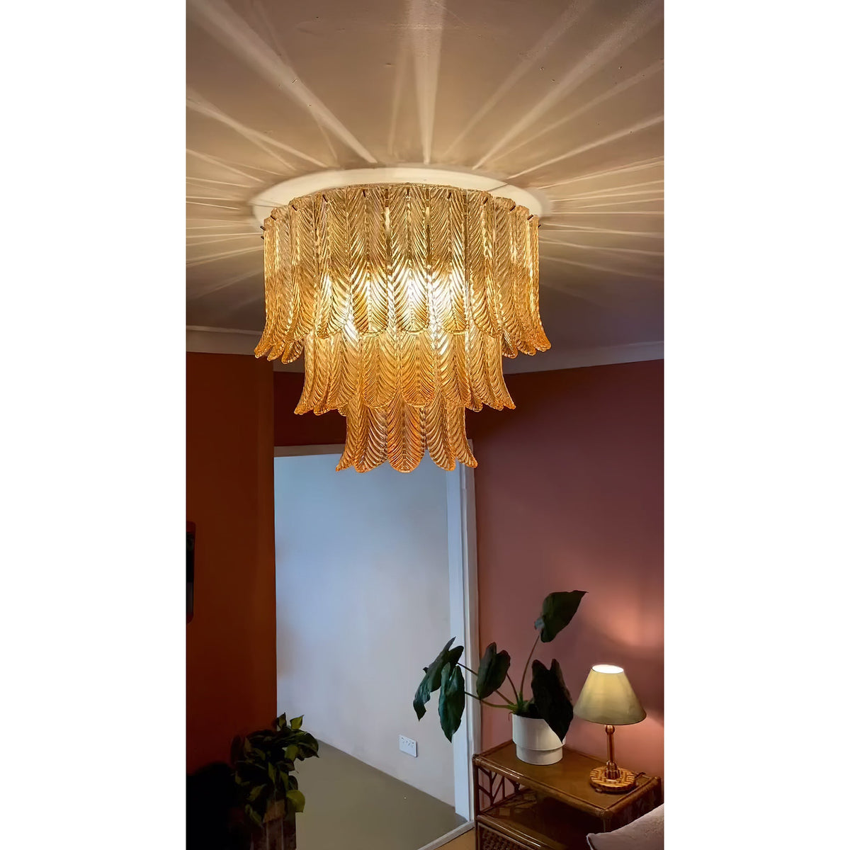 Plume Glass Ceiling Light - Sculpted Amber Glass Feather Chandelier
