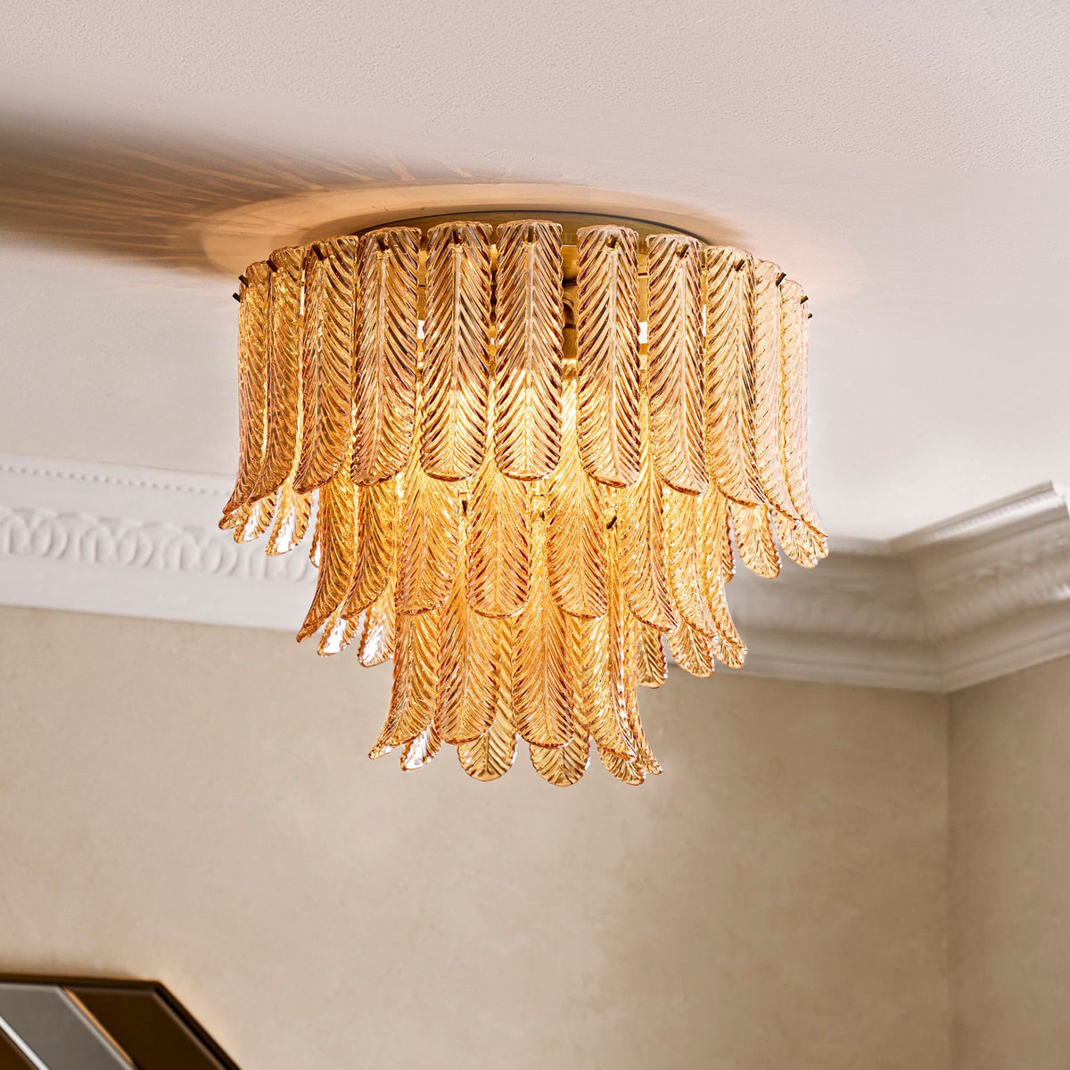 Plume Glass Ceiling Light - Sculpted Amber Glass Feather Chandelier