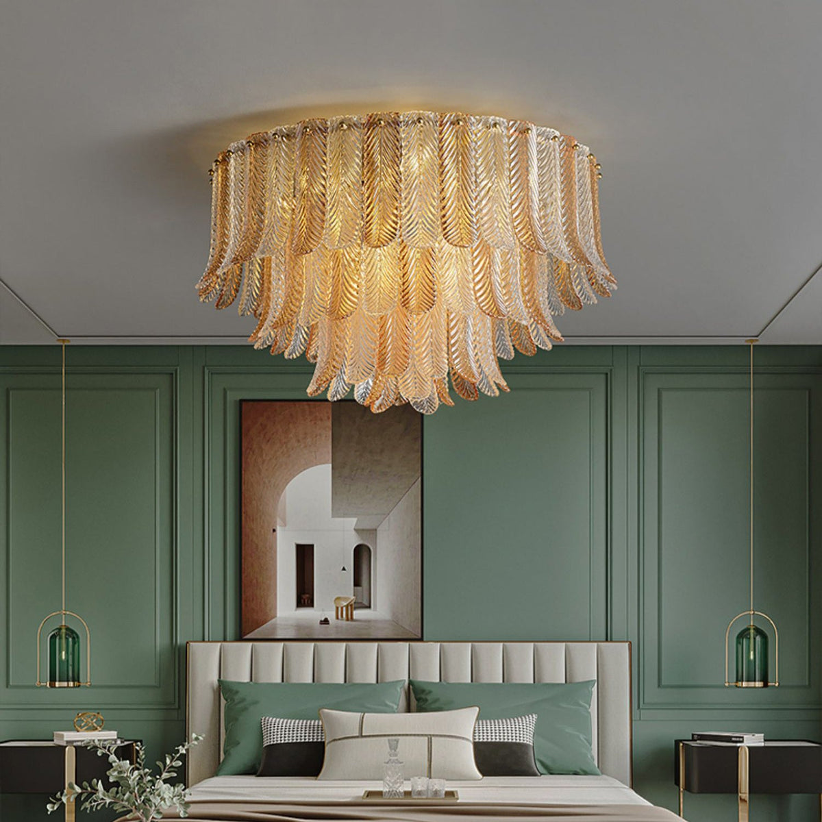 Plume Glass Ceiling Light - Sculpted Amber Glass Feather Chandelier