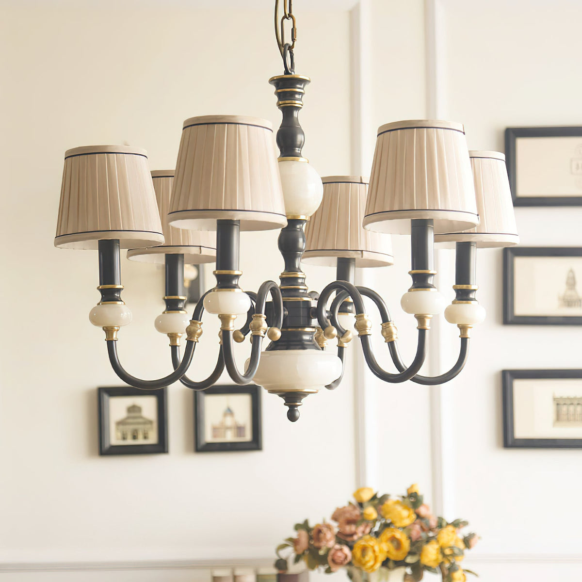 Plymouth Chandelier - Vintage Brass & Jade Accent Pleated Light