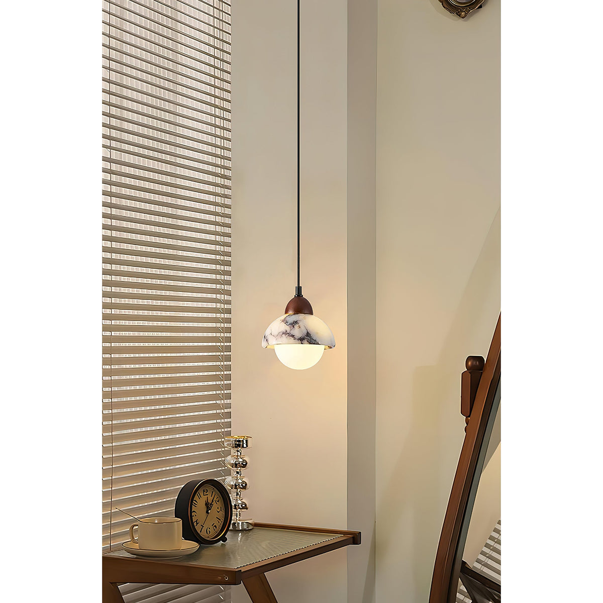 Polaris Marble Pendant Lamp - Italian Bulgari Stone & Walnut Glass Light