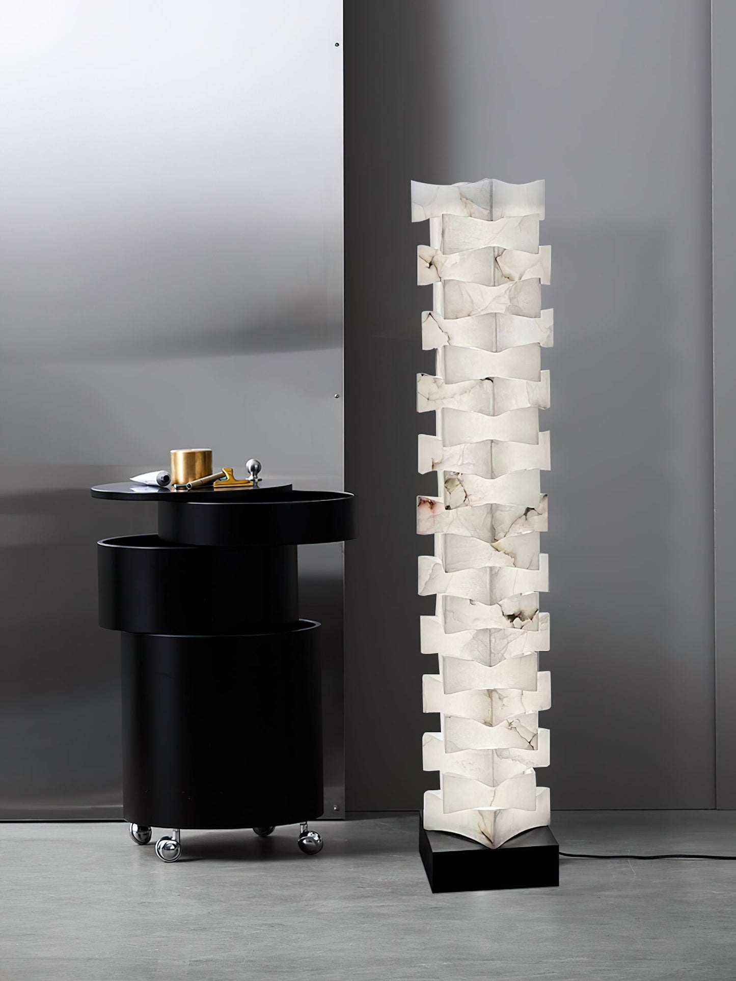 Poliarte Alabaster Floor Light - Solid Stone Column & Brass Pedestal LED