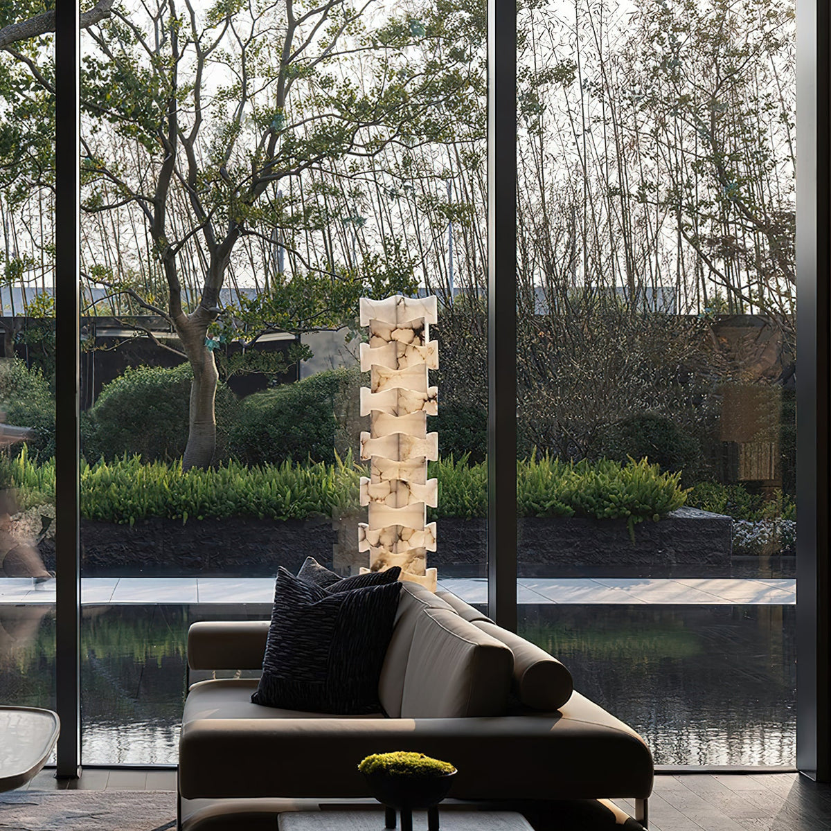 Poliarte Alabaster Floor Light - Solid Stone Column & Brass Pedestal LED