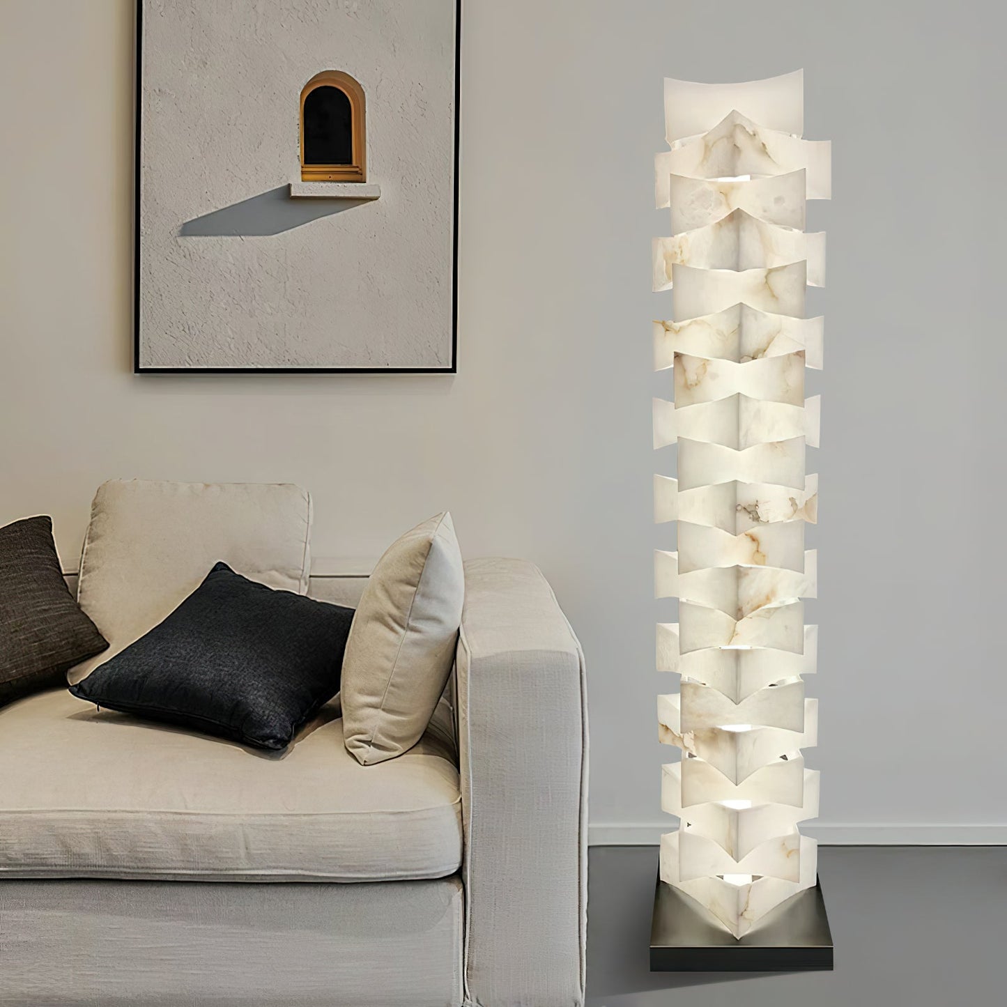 Poliarte Alabaster Floor Light - Solid Stone Column & Brass Pedestal LED