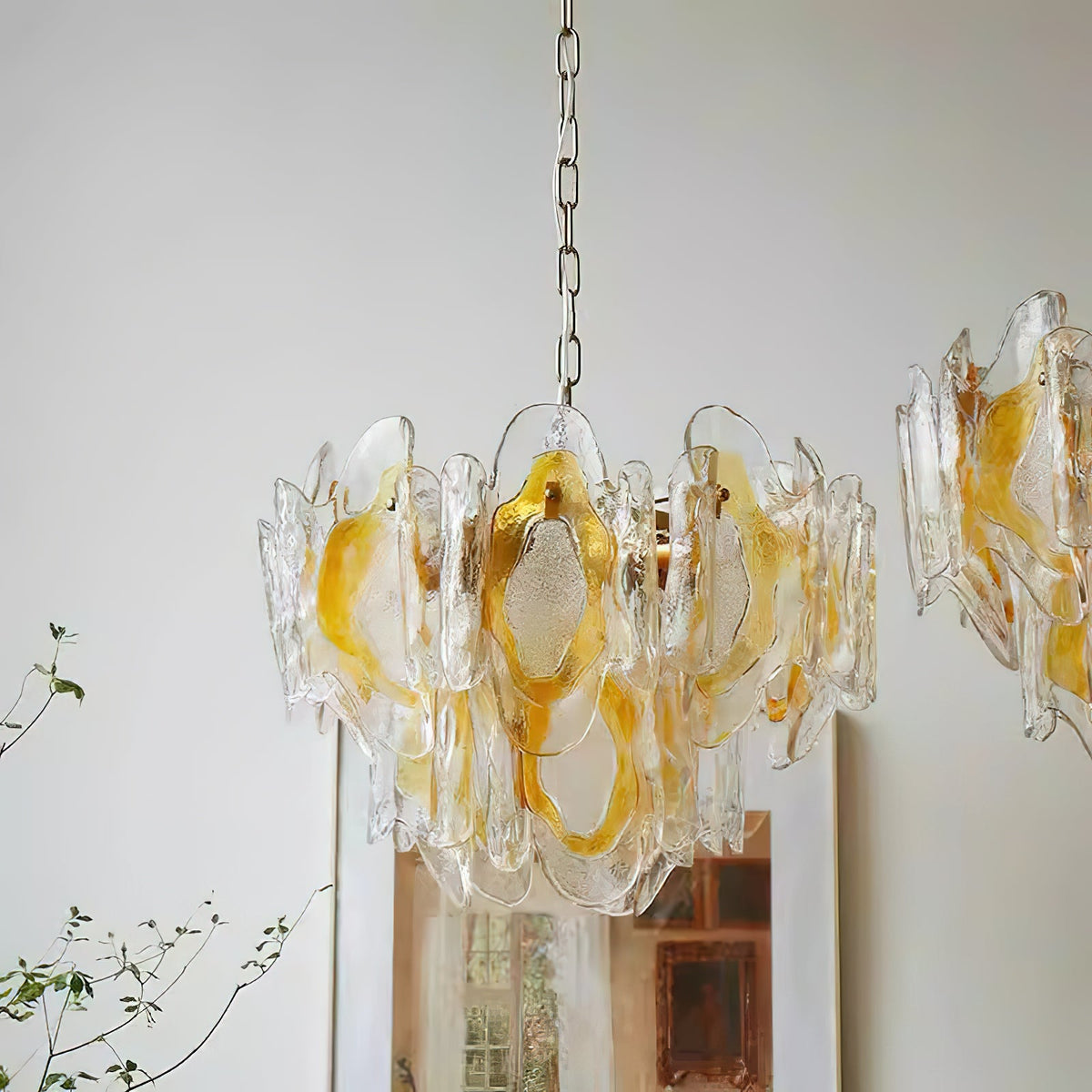 Poliedro Murano Glass Chandelier - Hand-Blown Amber Wave Glass Light