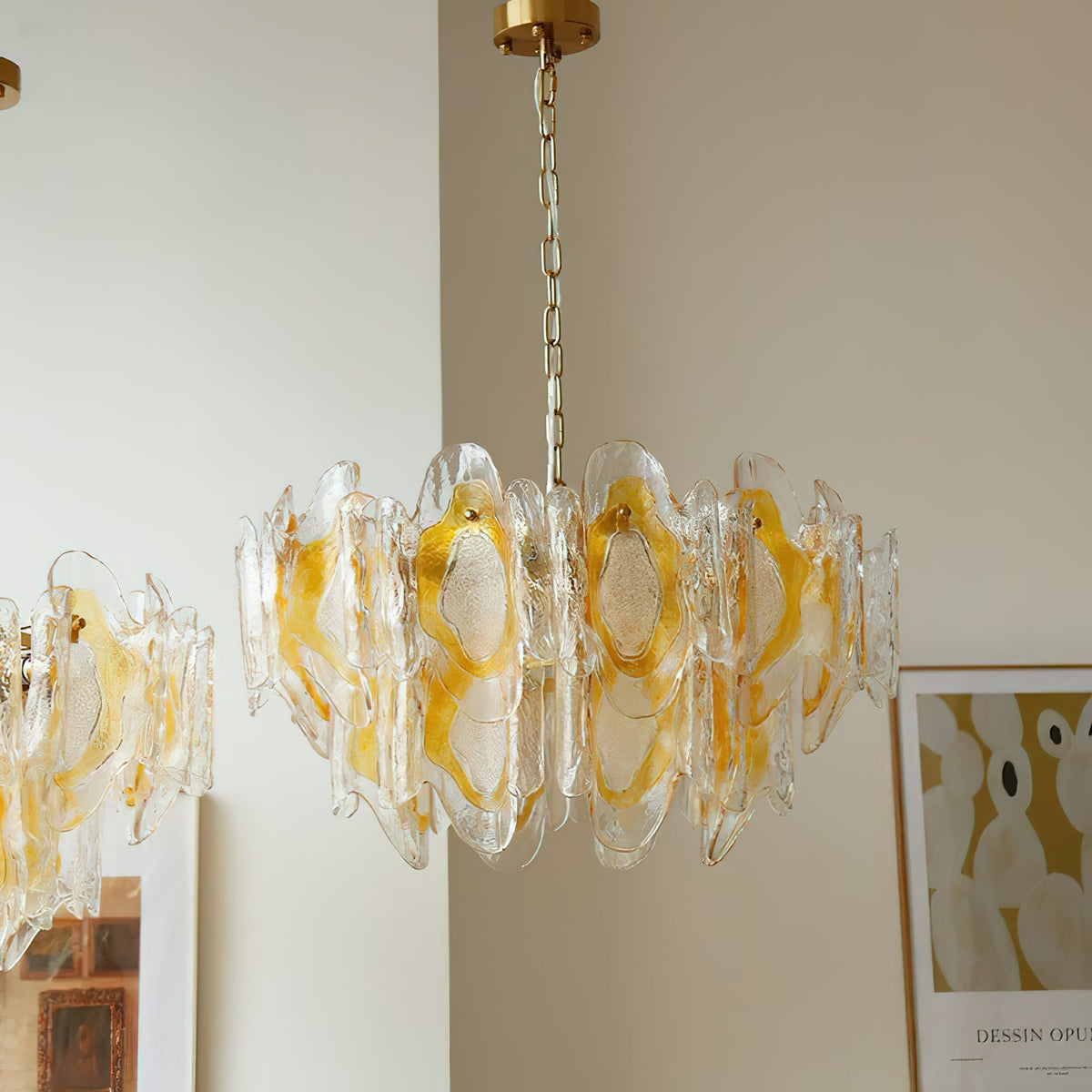 Poliedro Murano Glass Chandelier - Hand-Blown Amber Wave Glass Light