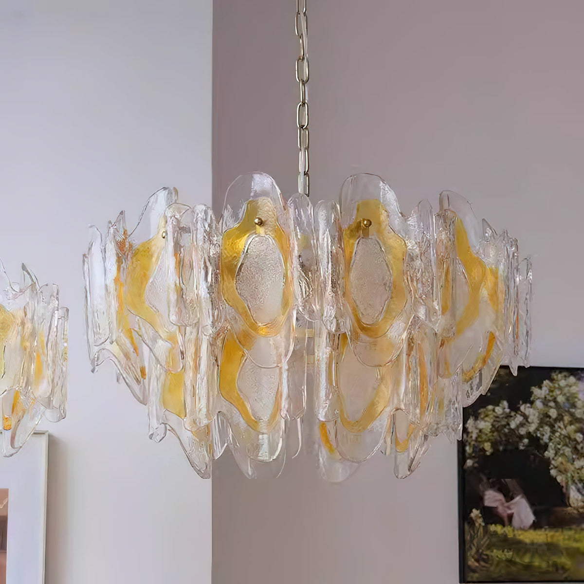 Poliedro Murano Glass Chandelier - Hand-Blown Amber Wave Glass Light