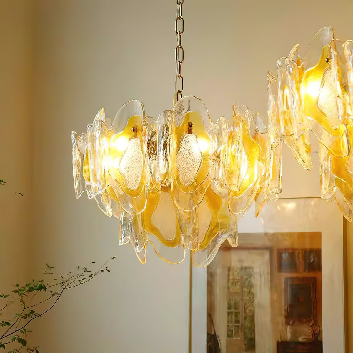 Poliedro Murano Glass Chandelier - Hand-Blown Amber Wave Glass Light