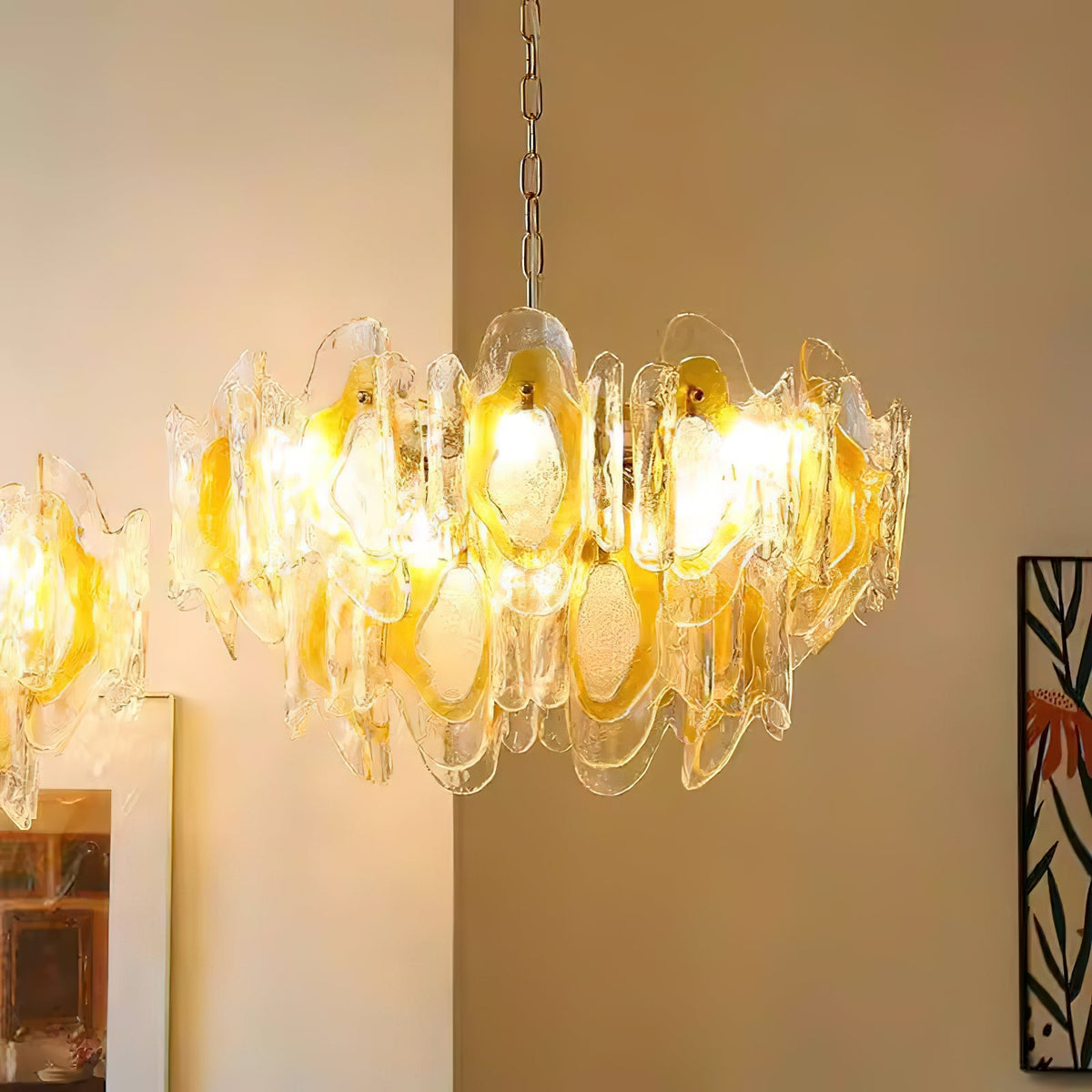 Poliedro Murano Glass Chandelier - Hand-Blown Amber Wave Glass Light