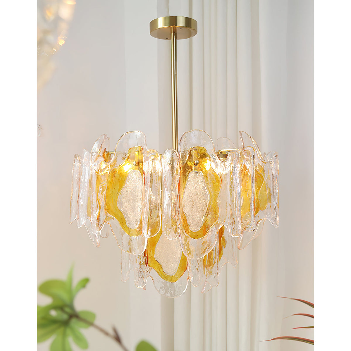 Poliedro Murano Glass Chandelier - Hand-Blown Amber Wave Glass Light