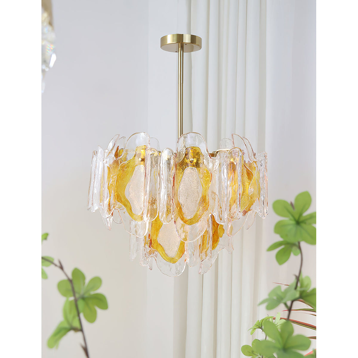 Poliedro Murano Glass Chandelier - Hand-Blown Amber Wave Glass Light