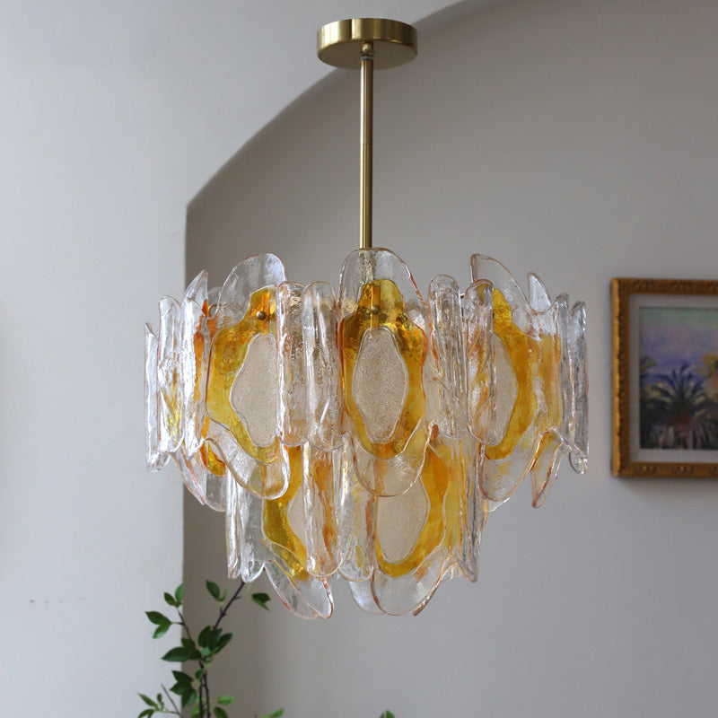 Poliedro Murano Glass Chandelier - Hand-Blown Amber Wave Glass Light