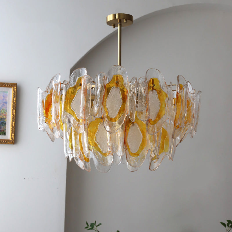 Poliedro Murano Glass Chandelier - Hand-Blown Amber Wave Glass Light