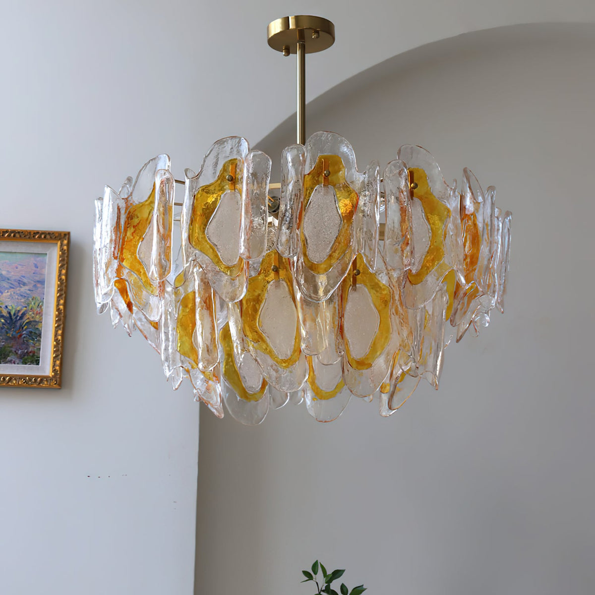 Poliedro Murano Glass Chandelier - Hand-Blown Amber Wave Glass Light