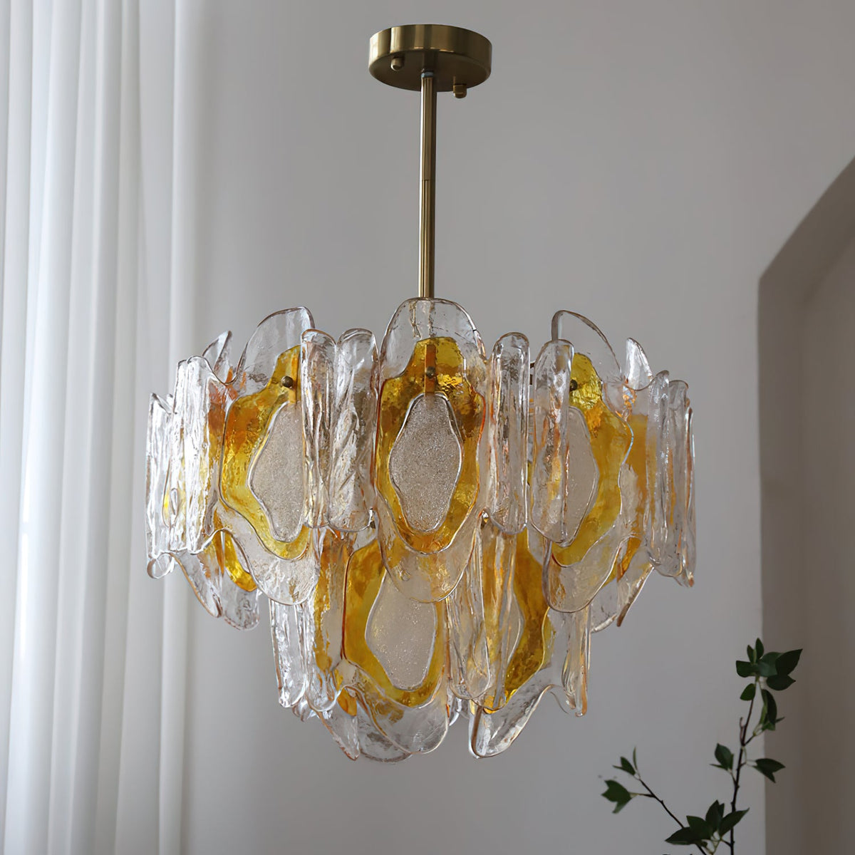 Poliedro Murano Glass Chandelier - Hand-Blown Amber Wave Glass Light