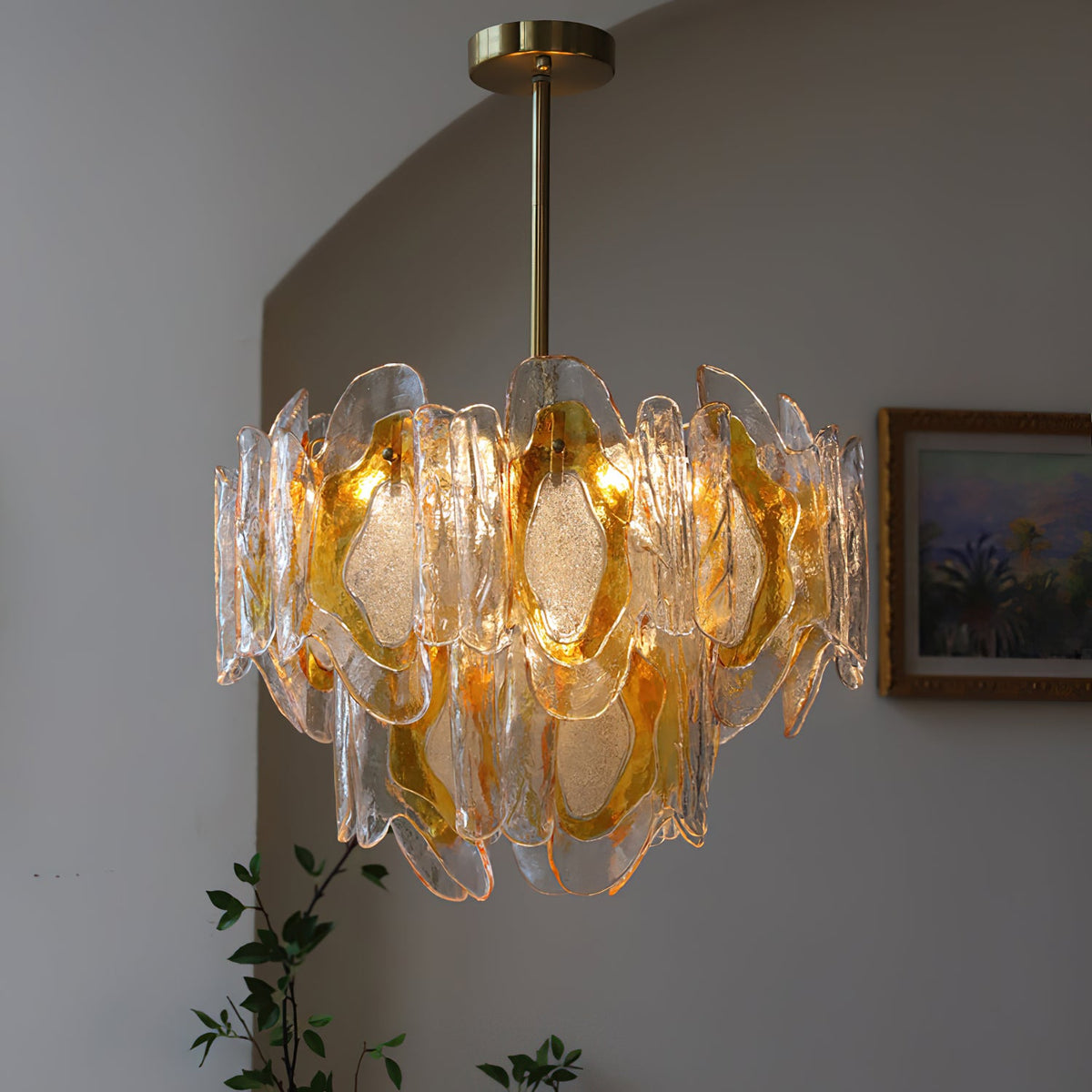 Poliedro Murano Glass Chandelier - Hand-Blown Amber Wave Glass Light