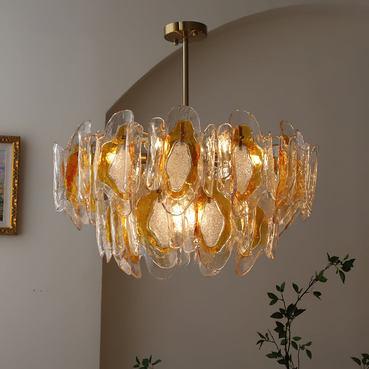 Poliedro Murano Glass Chandelier - Hand-Blown Amber Wave Glass Light