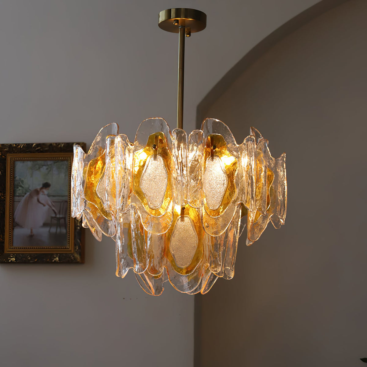 Poliedro Murano Glass Chandelier - Hand-Blown Amber Wave Glass Light