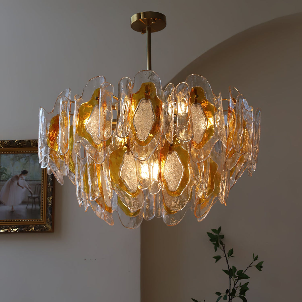 Poliedro Murano Glass Chandelier - Hand-Blown Amber Wave Glass Light