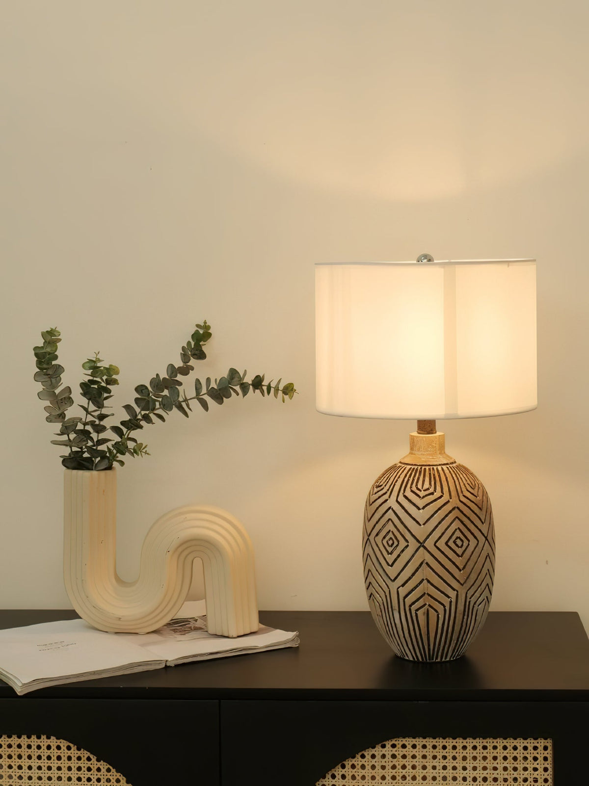 Pontarelli Table Lamp - Modern Sculptural Solid Wood & Fabric Shade Accent